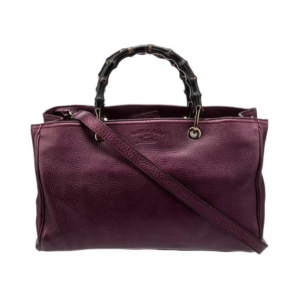 Gucci Purple Leather Shopper Tote Bamboo Handle Gold Hardware Vintage Branding